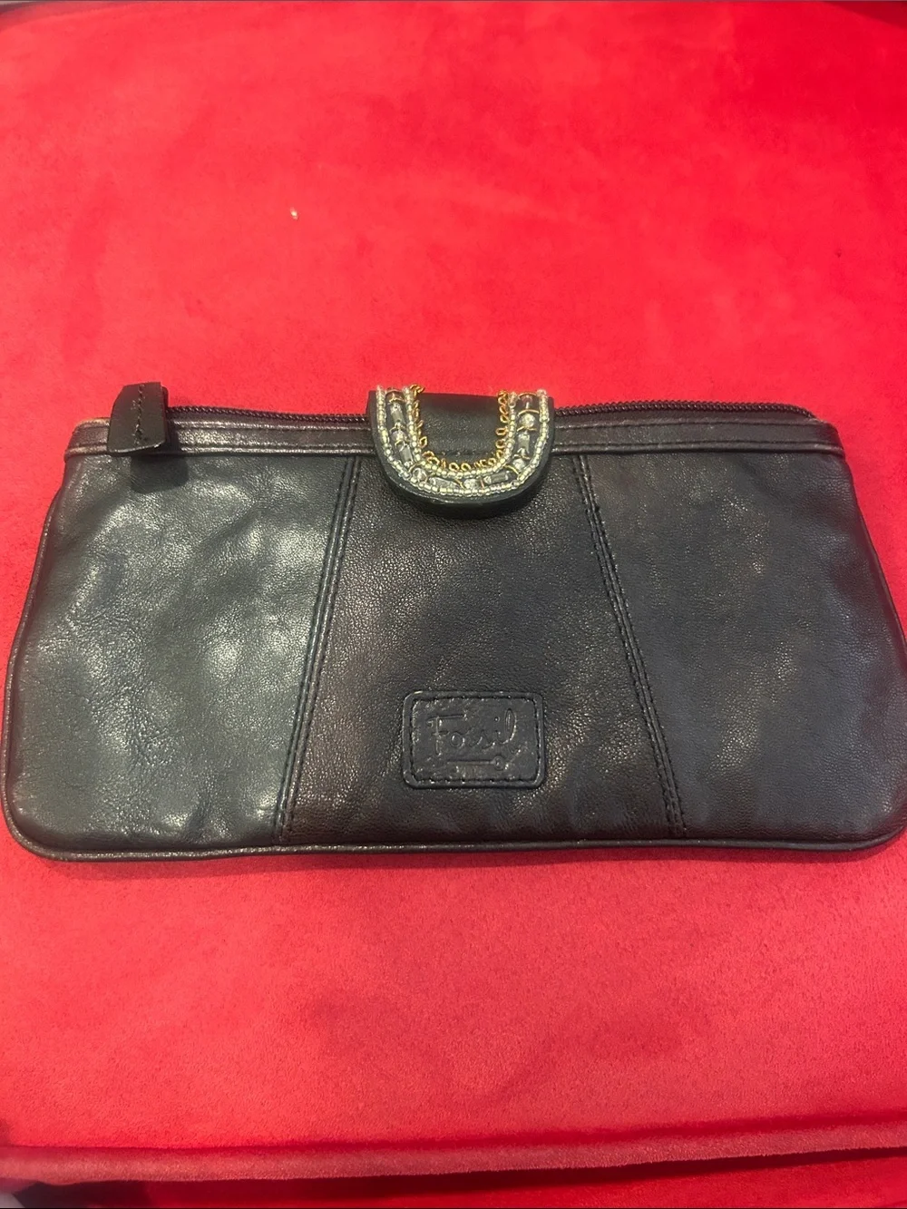 Fossil Black Leather Wristlet Clutch with Jeweled Flap